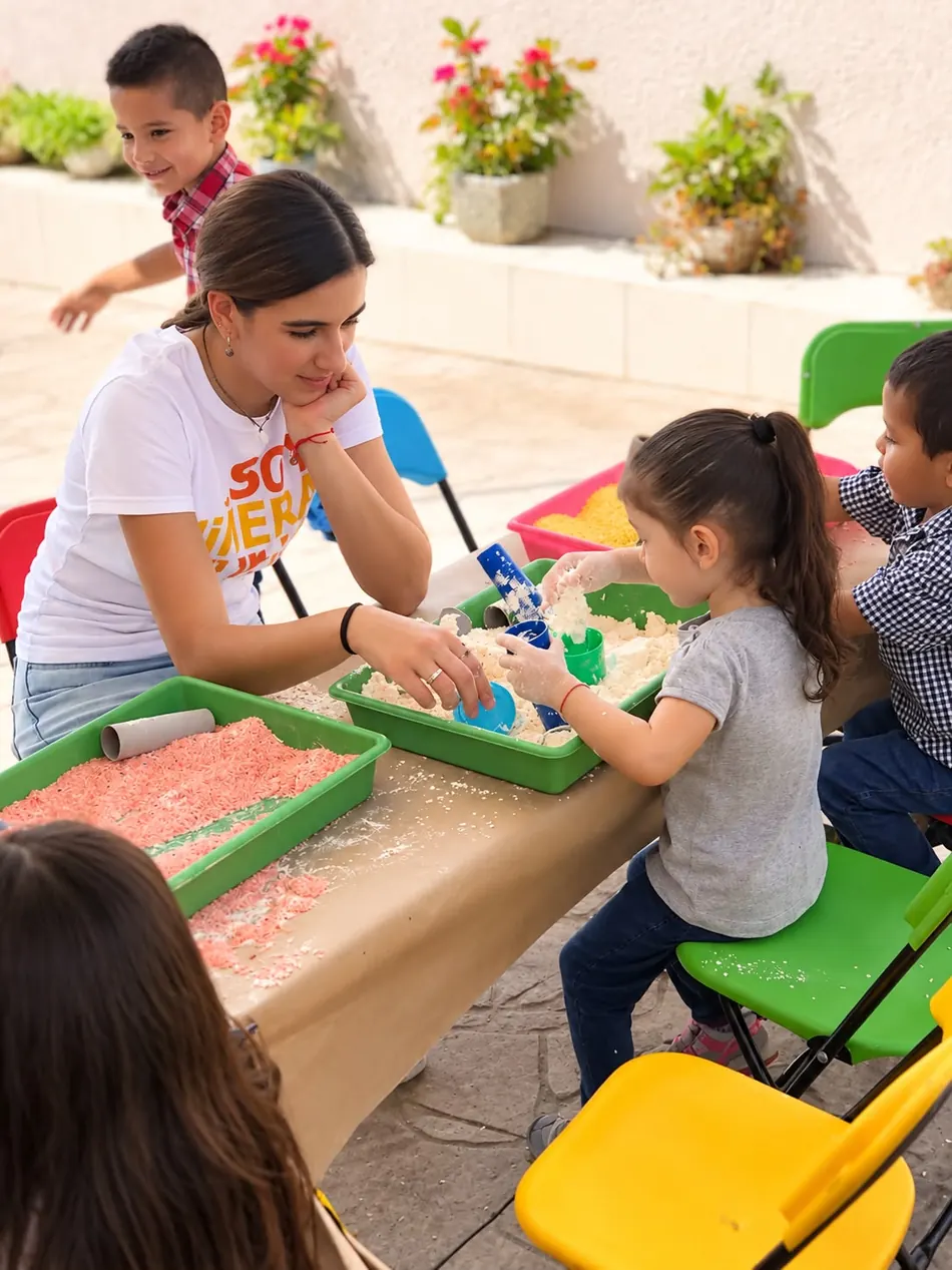 Niños jugando con arena de colores en una mesa sensorial
