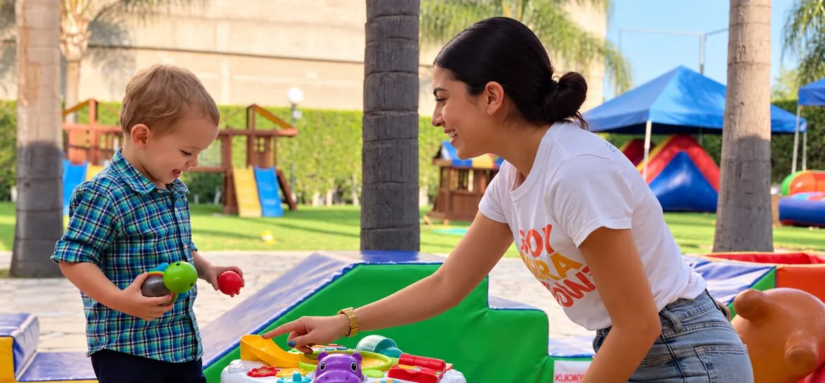 Niñera Kurowi jugando con un niño en el área de juegos de un evento